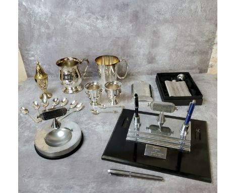 A marble based presentation desk tidy; a conforming engine turned presentation ash tray; hip flasks; condiments, etc 