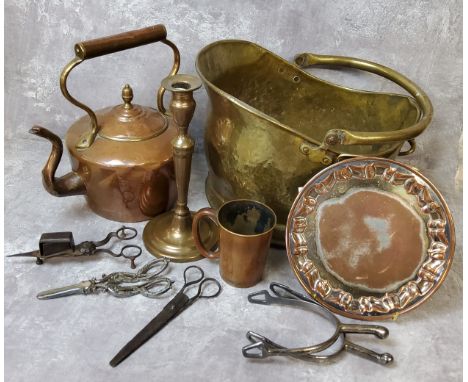 An 18th century brass candlestick; an interesting Victorian brass ale tankard, stamped 'Victoria Arches Inn Sheffield' &amp; 