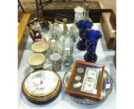 A pair of blue glass vases with enamel floral decoration, 18cm high, five modern ships in bottles, a modern barometer by SB a