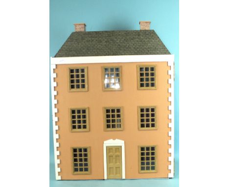 A modern Georgian-style three-storey doll's house, with six rooms and a staircase, 78cm high, 59cm wide, 31cm deep, a quantit