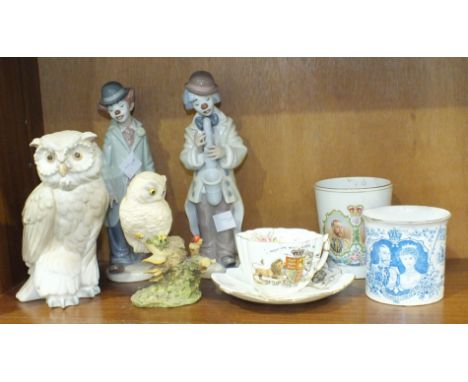 Two Lladro clown figures, one playing a saxophone, the other holding a violin, a Nao owl, (all boxed), an Aynsley owl and thr