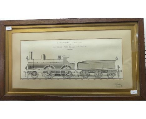 R. Wood (19th century), Longitudinal Elevation of Express Engine and Tender 4' 8½" Gauge, a black ink and wash drawing of a R