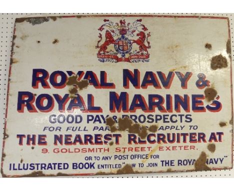An original vintage enamel Royal Navy and Royal Marines Recruiting Sign, Exeter, white ground with blue and red lettering ben