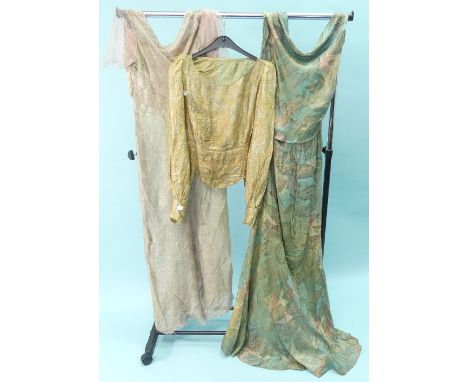 Vintage Fashion: including two 1930s evening gowns and a top in metallic thread fabric, together with a heavy satin brocade t