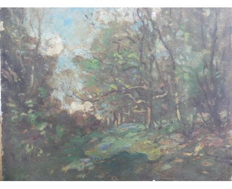 Frederick Stuart Richardson R.I, R.O.I., R.S.W. (British, 1855-1934), Tree felling in a wooded landscape, sketch, oil on pane