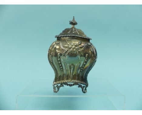 A late Victorian silver Tea Caddy, by Hawksworth, Eyre &amp; Co Ltd, hallmarked London, 1898, of bombe form with foliate embo