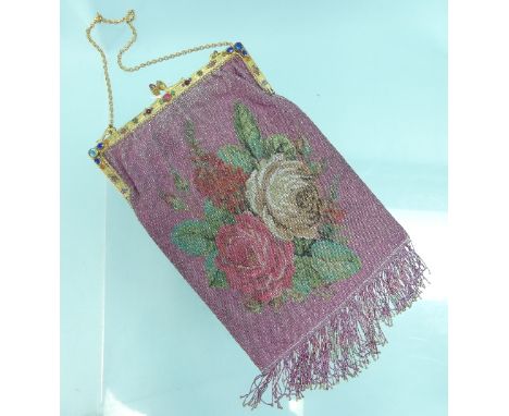 Vintage Textiles and Fashion: a fine early 20thC beaded Evening Bag, the tiny tightly-packed beads forming deep pink ground w
