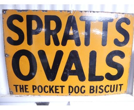 Two original vintage enamel Spratt's Signs, yellow ground, 'SPRATT'S OVALS THE POCKET DOG BISCUITS' 20in x 30in (51cm x 76cm)