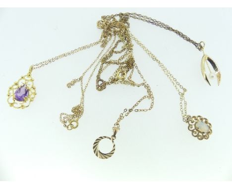 Four 9ct yellow gold Pendants, one set opal, one facetted amethyst coloured stone, one cultured pearl, the other textured cir