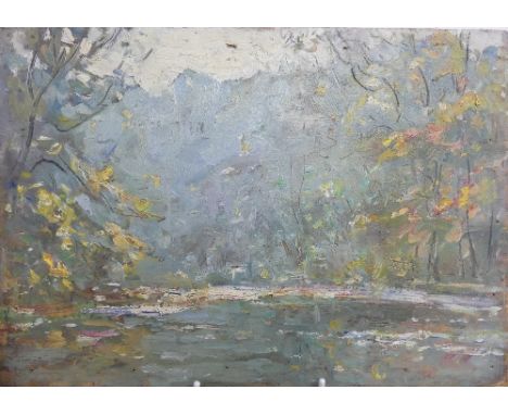 Frederick Stuart Richardson R.I, R.O.I., R.S.W. (British, 1855-1934), Wooded river landscape, sketch, oil on panel, unsigned,