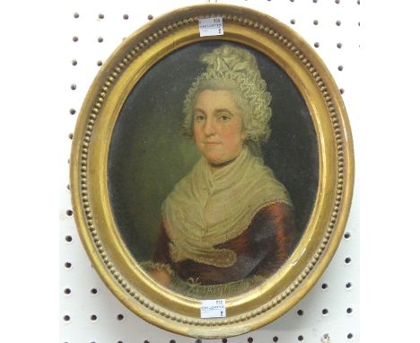 18th century School, Portrait of a lady, oval, oil on panel, 10½in x 8½in (26.5cm x 21.5cm), framed.
