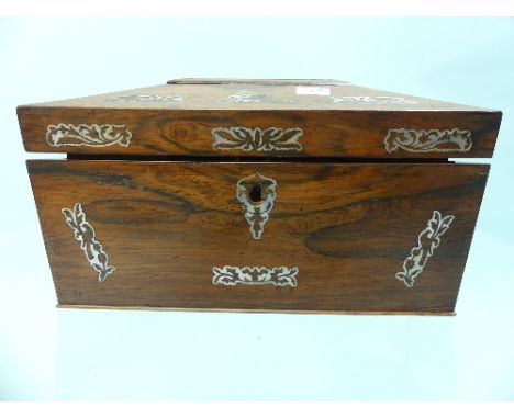 A William IV rosewood sarcophagus-shaped Tea Caddy, inlaid with Mother-of-Pearl decoration, with fitted interior, 12in (30.5c