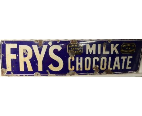 An original vintage enamel Fry's Milk Chocolate Sign, blue ground, 'FRY'S MILK CHOCOLATE' in white lettering, and two 'plaque