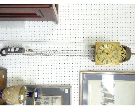 A Georgian brass Lantern Clock, signed Geo. Clarke, WhiteChapple, the 7¼in square dial with Roman chapter ring with half hour