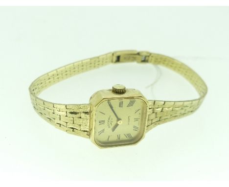 A 9ct gold Rotary lady's Wristwatch, quartz movement, the square gilt dial with black Roman numerals, on an integrated 9ct go
