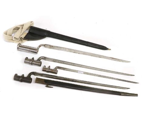 Two British 1853 Socket Bayonets, each with 43cm fullered triangular section steel blade, one with leather scabbard stamped w