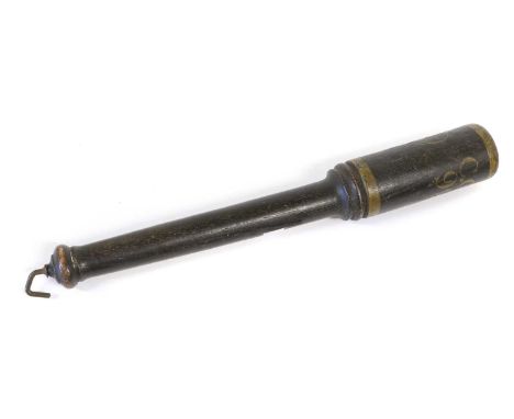 A Victorian Ebonised Oak Truncheon, the short cylindrical head painted with the VR monogram and C.C./99 in yellow, the taperi