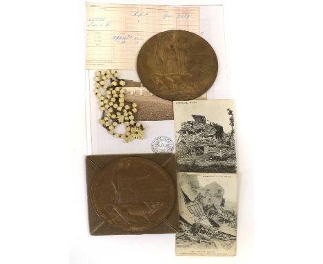 A Memorial Plaque, to JAMES ROBERTS, in cardboard envelope, with two postcards home written in the same hand from Joe (James)