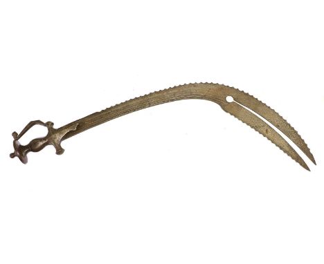 A 19th Century Indian Zulfiqar Tegha (Executioner's) Sword, the 67cm broad curved and bifurcated saw-back steel blade with tw