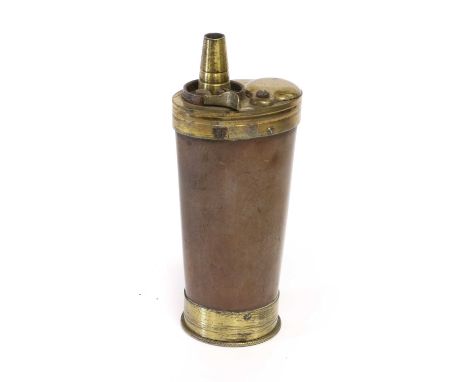 A 19th Century Brass and Copper Combination Flask, of tapering oval section, the top with exterior spring to the charger, swi