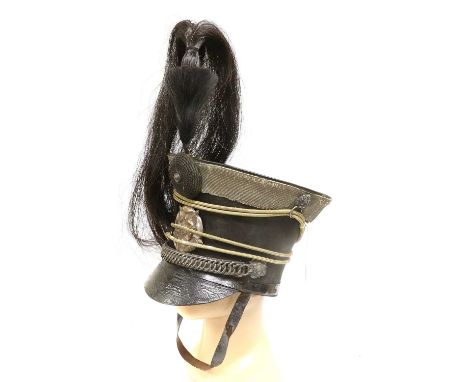 A 19th Century Bell Top Shako to the Yorkshire Hussars, circa 1810, with dished leather top, black felt body with silver lace