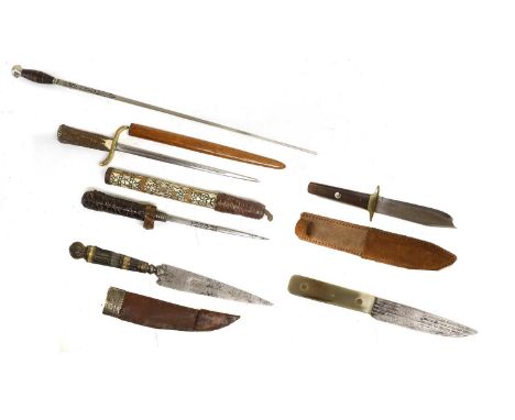 A Collection of Six Various Edged Weapons, comprising a 19th Century prostitute's knife with white metal and bone decorative 