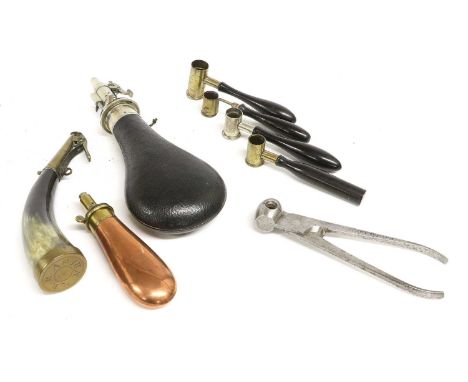 Gun Accessories, comprising a 19th century copper pistol flask by Bartram &amp; Co, with brass charger and external steel spr