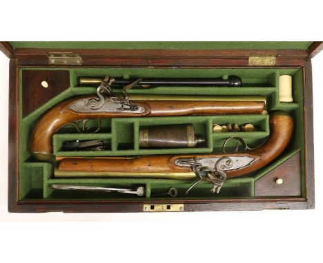 A Pair of 19th Century Officer's 20 Bore Flintlock Pistols, each with 25.5cm brass barrel engraved LONDON with London proof m