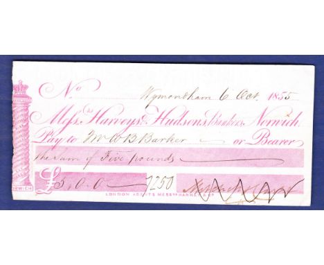 Great Britain - Cheque Messrs Harveys &amp; Hudsons Bankers  Norwich, Cheque 'Bearer', Wymondham red on white, London Agents 