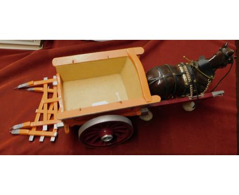Malba Ware Ceramic Shire Horse &amp; Handmade Hay Cart, the horses leather harness is intact and the is overall good conditio
