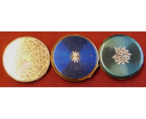 Stratton Powder Compact- Blue enamel lid with gilt star, another green lid with floral silvered display, a third gilt coloure