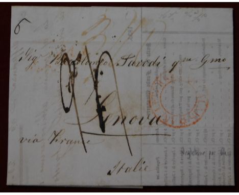 Great Britain 1835 Postal History EL in form of invoice dated 27 Feb 1835 London. Posted to Genova Italy via France. 2x Manus