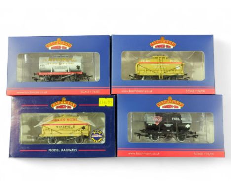 BACHMANN OO gauge – four boxed tank wagons, National Benzole, Charles Roberts, Fina and Ministry of Supply Pool 