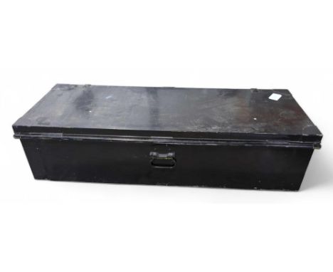 An early 20th Century rectangular black painted metal trunk, 106cms wide
