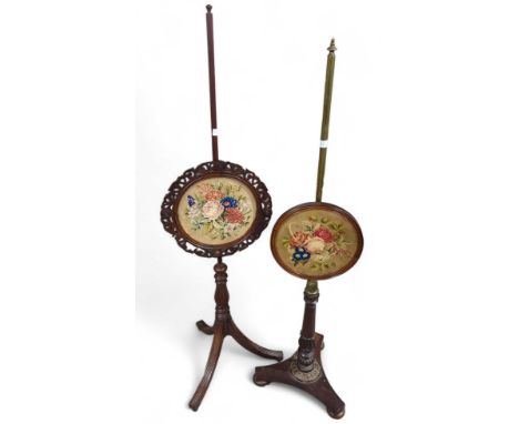 Two Victorian pole screens, each with floral tapestry circular screen (2)