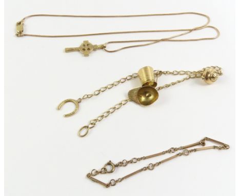 A 9ct gold Celtic style cross, on a snake chain marked '375', 47cm long; a length of 9ct gold open curb link chain with four 