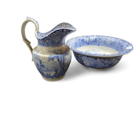 A late 19th/early 20th Century blue and white wash jug and basin