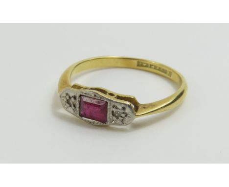 An early 20th century ruby and diamond dress ring, marked '18ct plat', finger size L 1/2, 1.8g gross