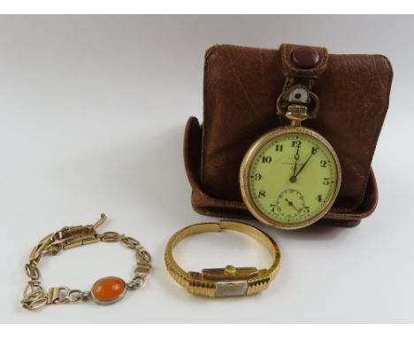 A 9ct gold bracelet, probably originally from a watch, with an orange stone set in a white metal set to the centre; a Record 