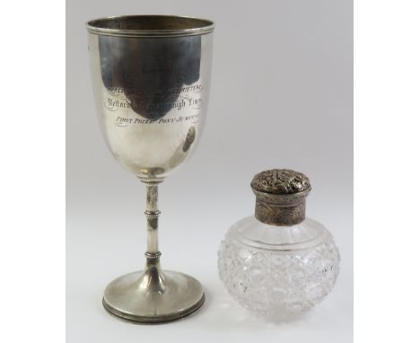 A Victorian silver chalice or trophy cup, London, 1874, makers mark indistinct, with rope twist decoration to the stem, with 