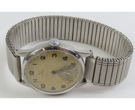 Omega - a vintage manual wind gents wrist watch, the round off white dial with black Arabic numerals, luminescent hands and s