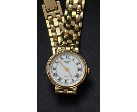 
Vintage Rotary quartz wristwatch with a white dial, Roman
numerals, and gold-tone bracelet. Not currently ticking
possibly r