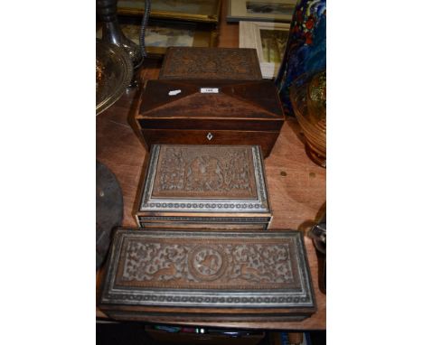 Three intricately carved Anglo Indian boxes and a 19th century tea caddy,two boxes having micro mosaic details to lids and si