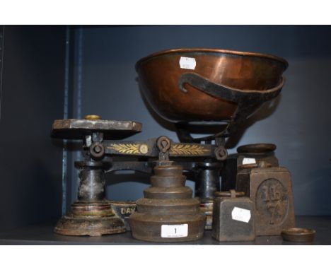 A vintage set of Day and Millward weighing scales with weights.