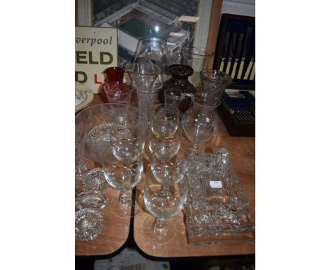 A mixture of vintage glass including etched fruit bowl,vases and jugs.