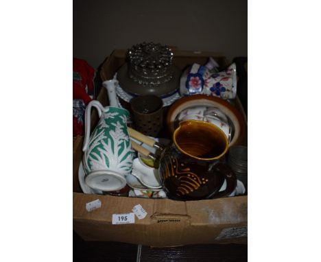 A varied box full of vintage and antique ceramics,kitchenalia and similar,jugs,candle sticks and more amongst this lot.some A