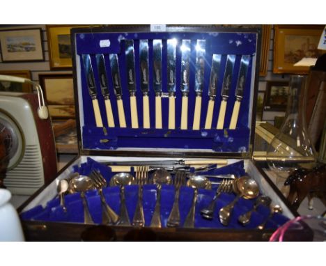 A canteen of vintage cutlery including bone handled knives 'Cutlers silversmiths Roland and company' to knives and 'Selkirk c