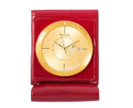 JAEGER-LeCOULTRE Memovox Reisewecker, Ref. 1102. Ca. 1960er Jahre. Messing, vergoldet, Kunstleder-Etui. Handaufzug-Werk Kal. 