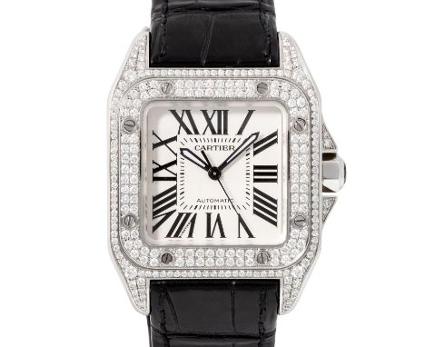 CARTIER Santos 100 "Iced out" Herrenuhr, Ref. 2878. Full Set 2008. Edelstahl, aftermarket Billantbesatz auf Gehäuse und Lünet
