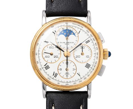 BAUME & MERCIER Chronograph mit Mondphase Ref. 6102.099. Edelstahl mit vergoldeter Lünette. Handaufzug-Werk Lemania Kal. 1883